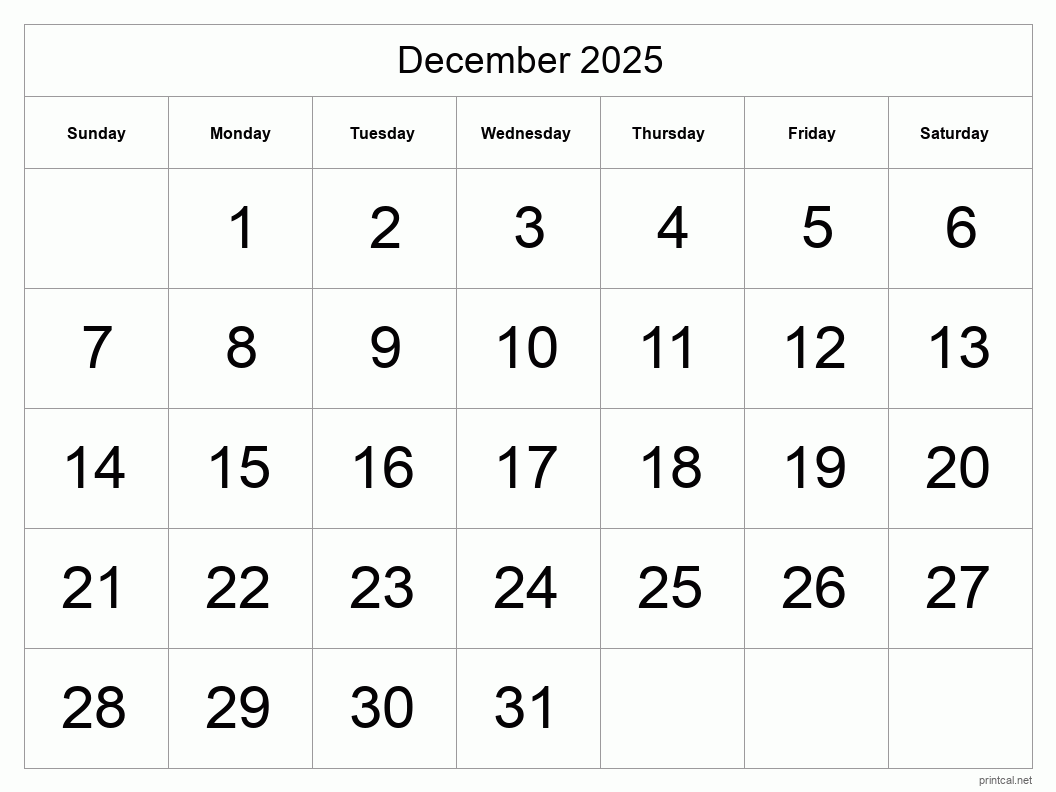 December 2025 Printable Calendar - Big Dates