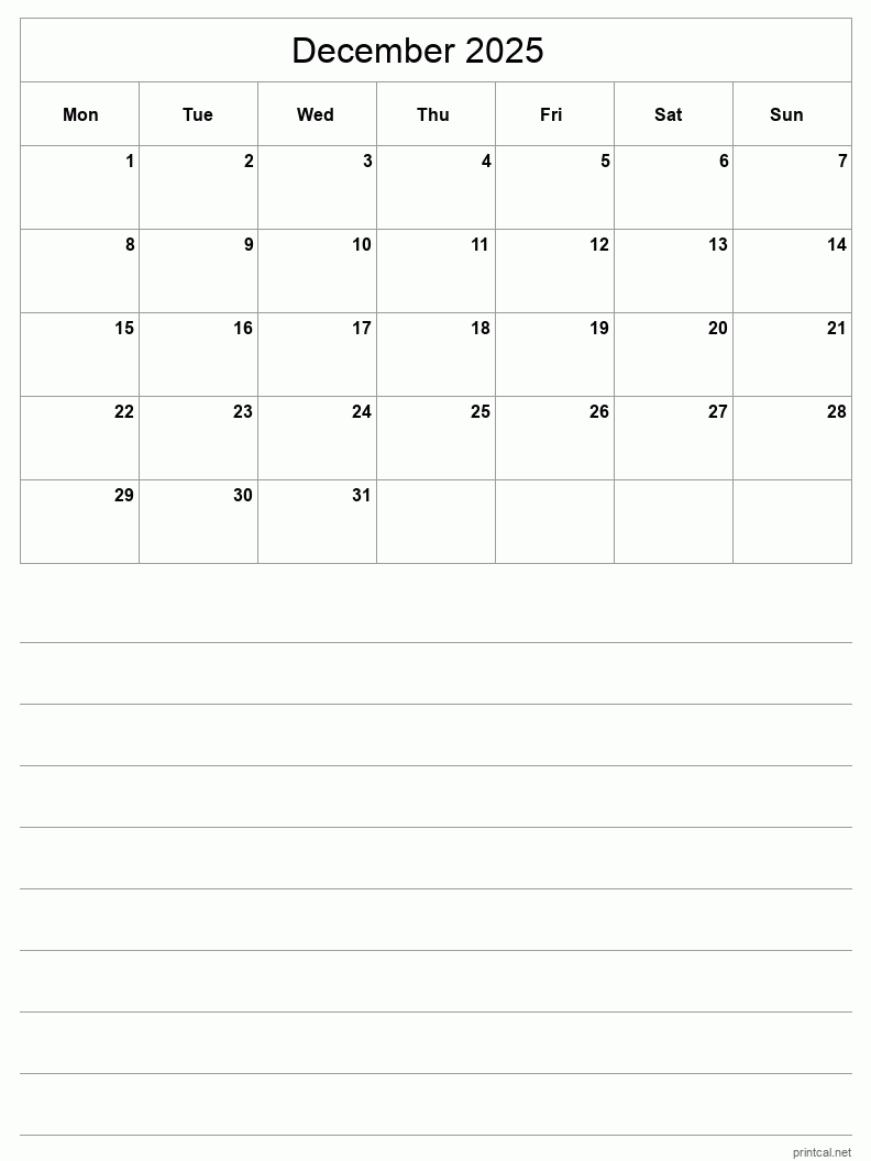 December 2025 Printable Calendar - Half-Page With Notesheet