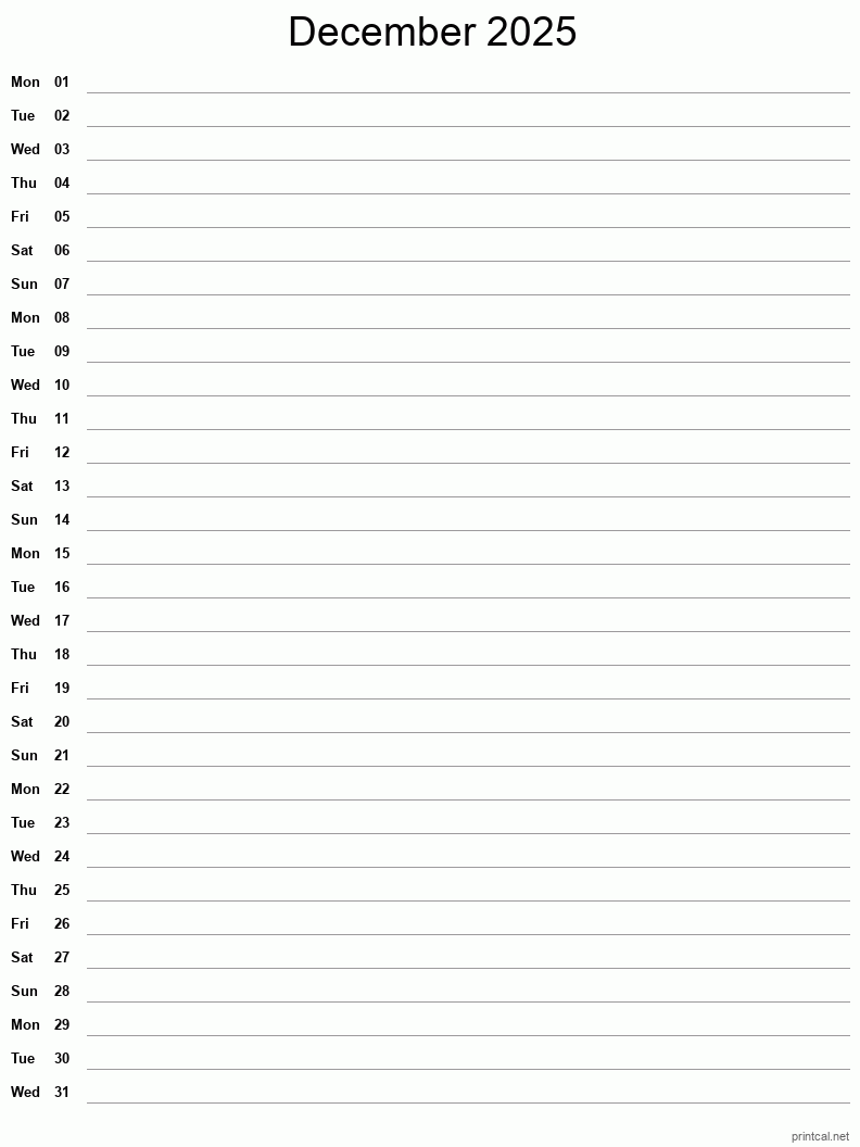 December 2025 Printable Calendar - Single Column Notesheet