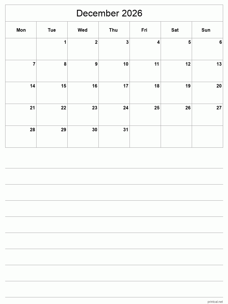 December 2026 Printable Calendar - Half-Page With Notesheet