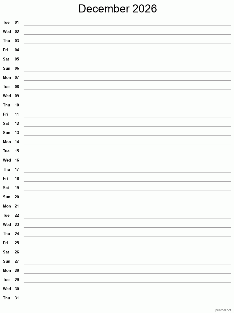 December 2026 Printable Calendar - Single Column Notesheet