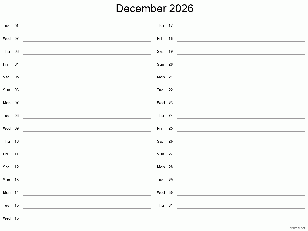 December 2026 Printable Calendar - Two Column Notesheet