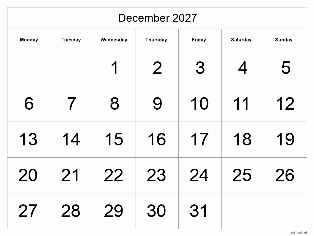 December 2027 Printable Calendar - Big Dates