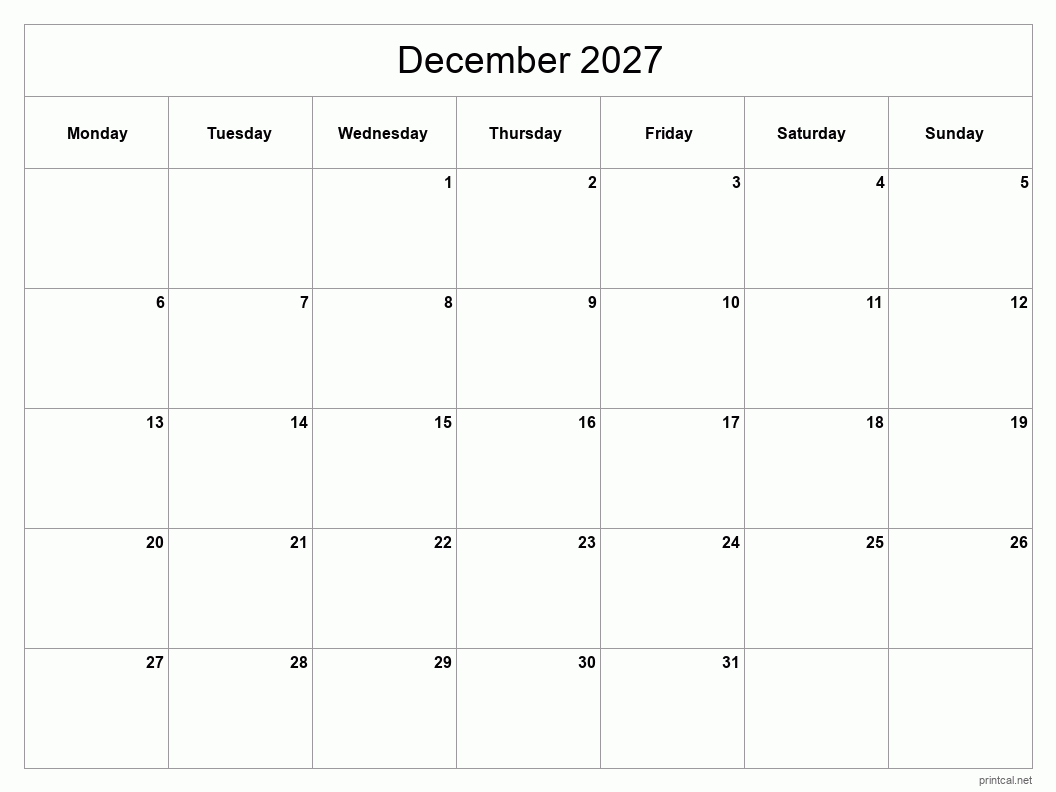 December 2027 Printable Calendar - Classic Blank Sheet