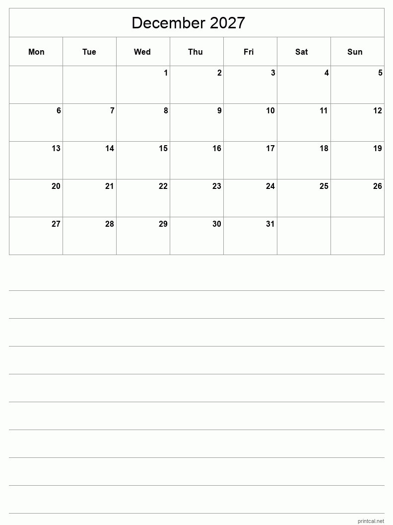 December 2027 Printable Calendar - Half-Page With Notesheet