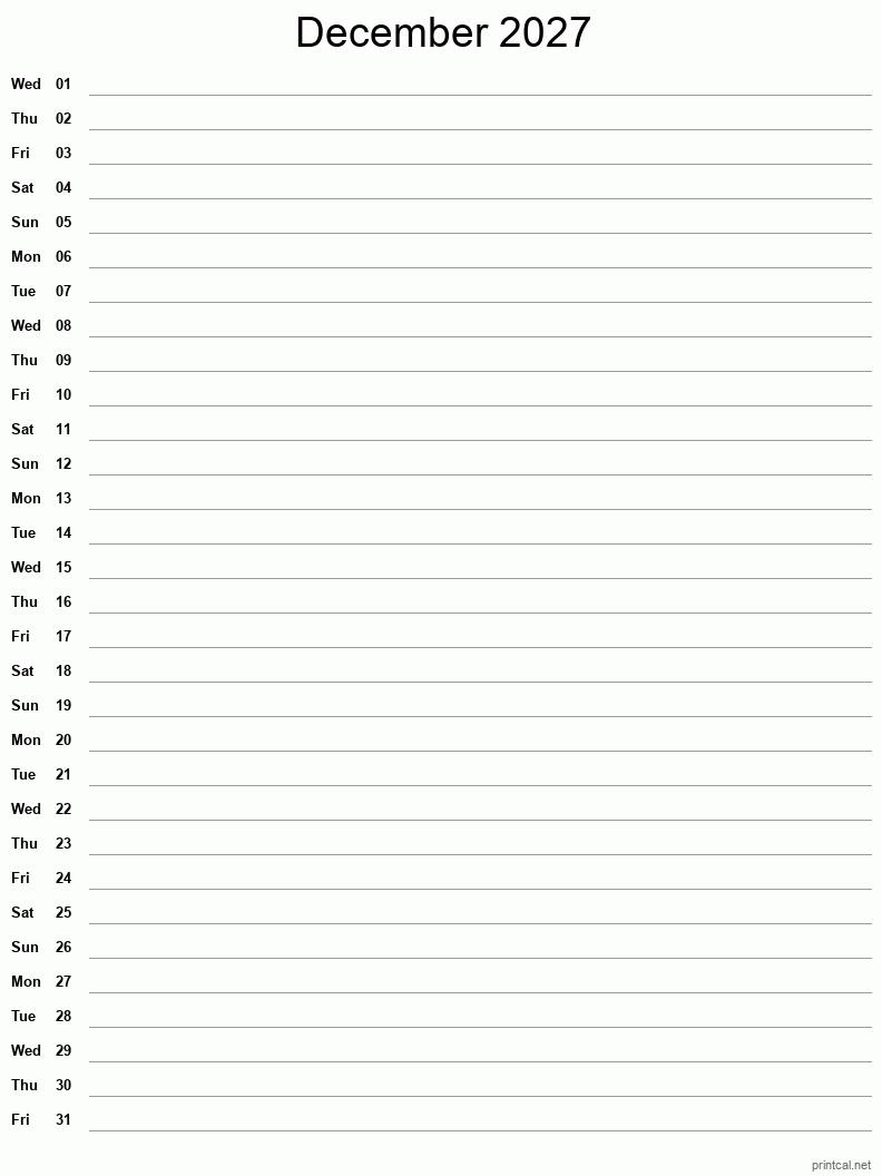 December 2027 Printable Calendar - Single Column Notesheet