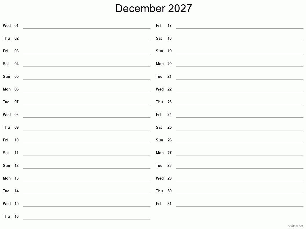 December 2027 Printable Calendar - Two Column Notesheet
