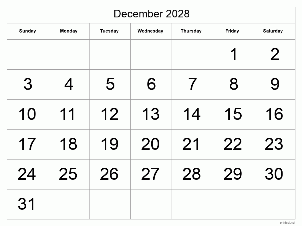 December 2028 Printable Calendar - Big Dates
