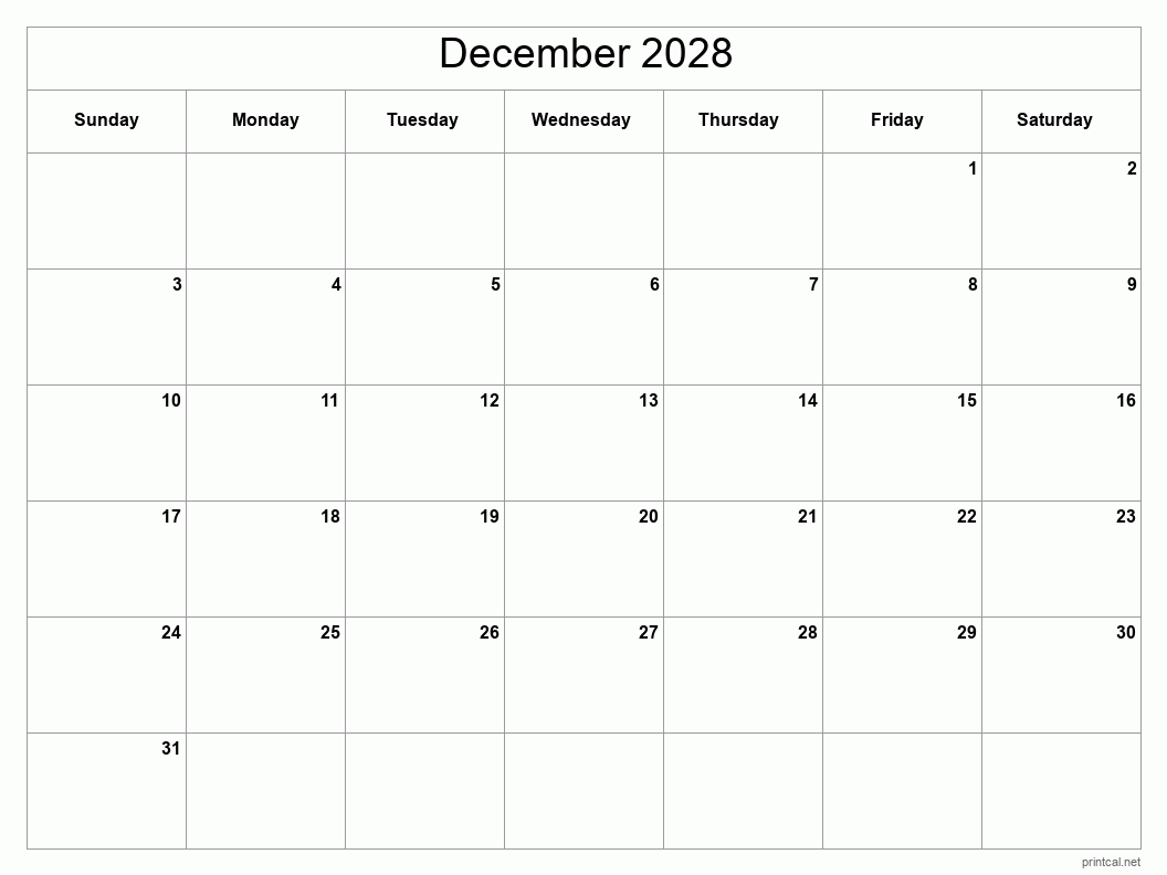 December 2028 Printable Calendar - Classic Blank Sheet