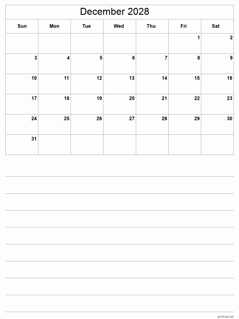 December 2028 Printable Calendar - Half-Page With Notesheet