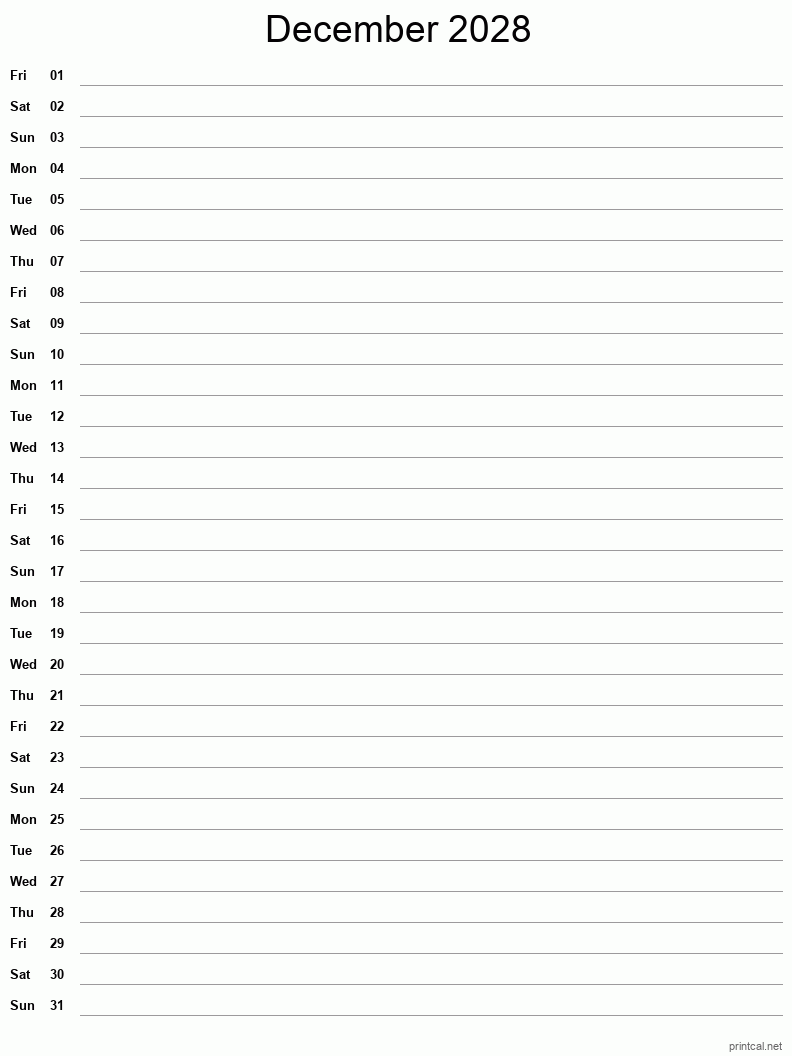 December 2028 Printable Calendar - Single Column Notesheet