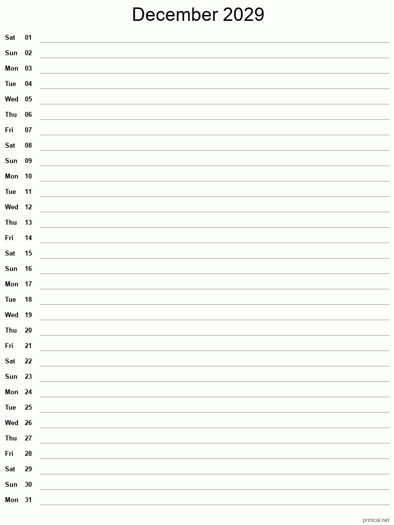 December 2029 Printable Calendar - Single Column Notesheet