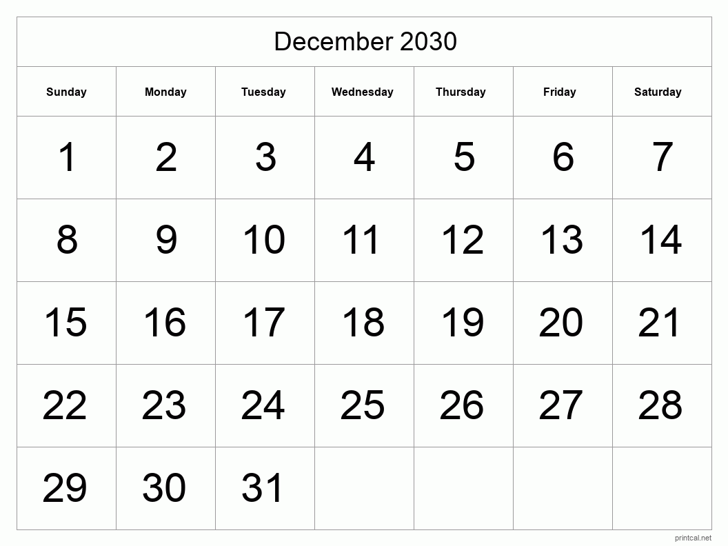 December 2030 Printable Calendar - Big Dates