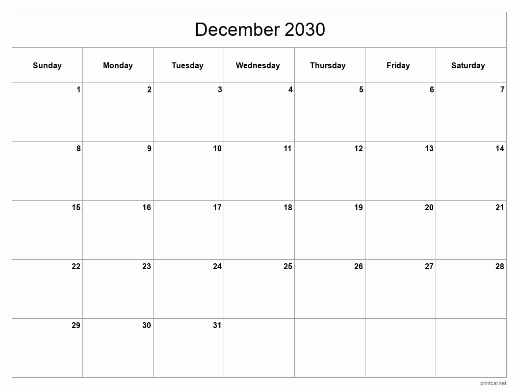 December 2030 Printable Calendar - Classic Blank Sheet