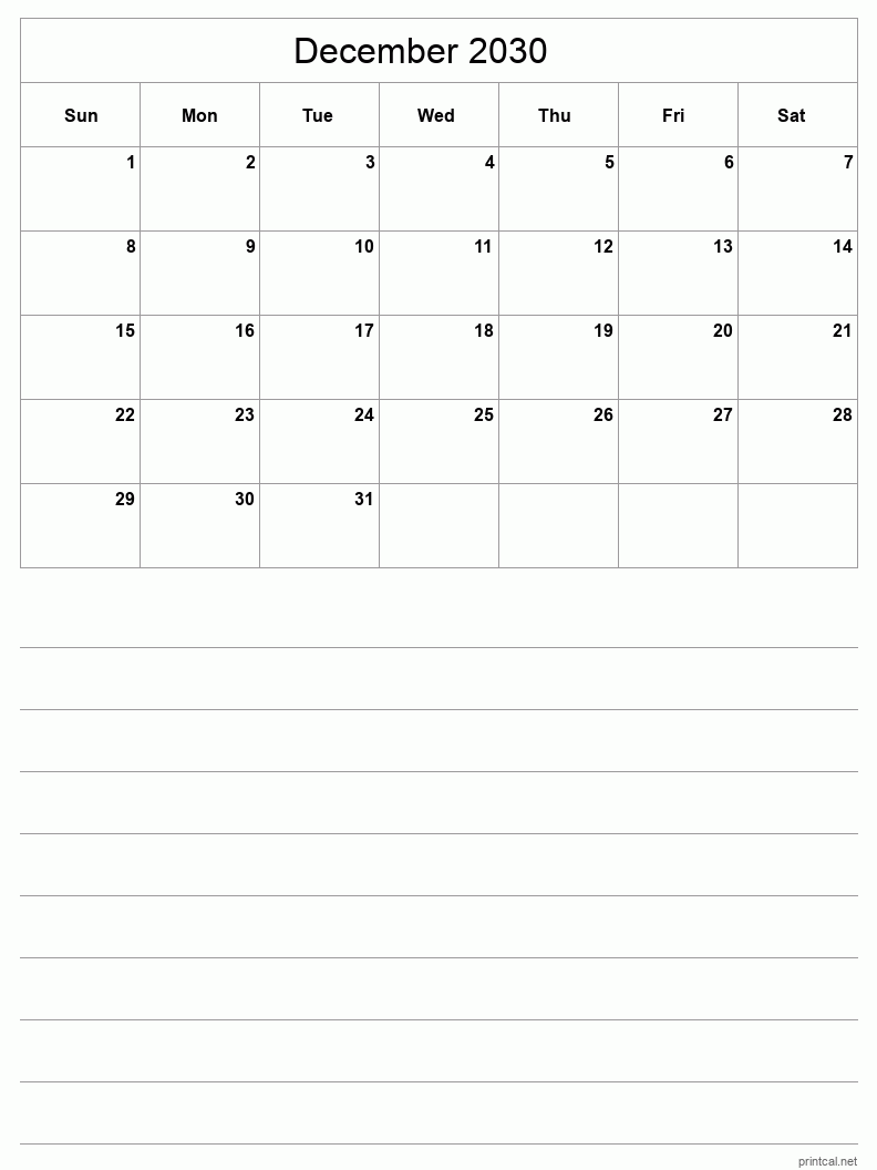 December 2030 Printable Calendar - Half-Page With Notesheet