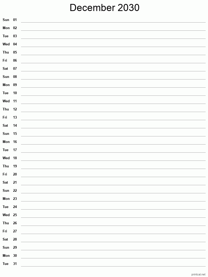 December 2030 Printable Calendar - Single Column Notesheet