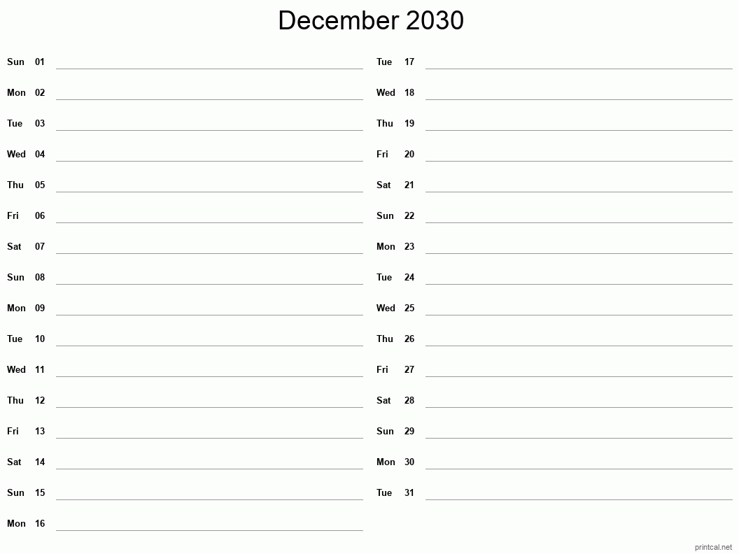 December 2030 Printable Calendar - Two Column Notesheet