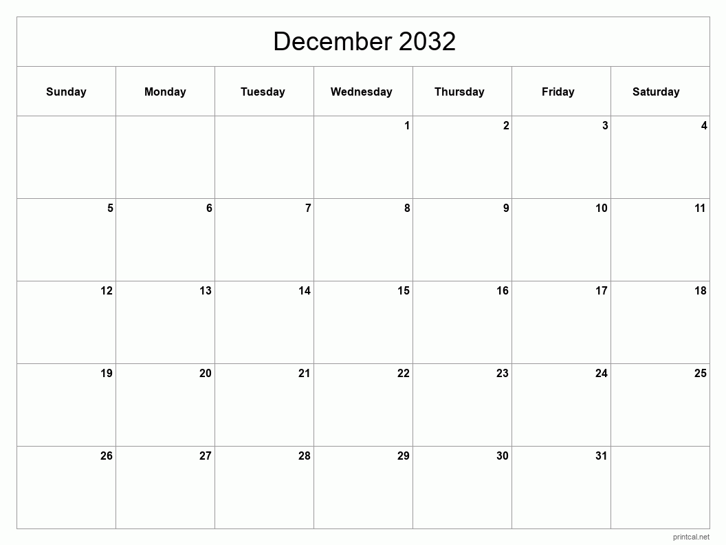 December 2032 Printable Calendar - Classic Blank Sheet