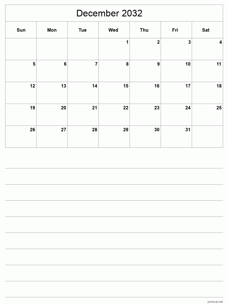 December 2032 Printable Calendar - Half-Page With Notesheet