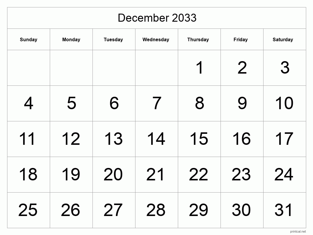 December 2033 Printable Calendar - Big Dates