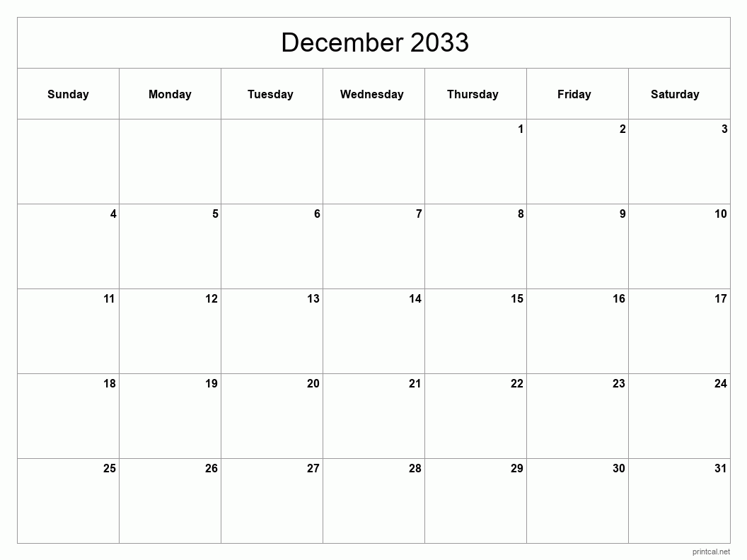December 2033 Printable Calendar - Classic Blank Sheet