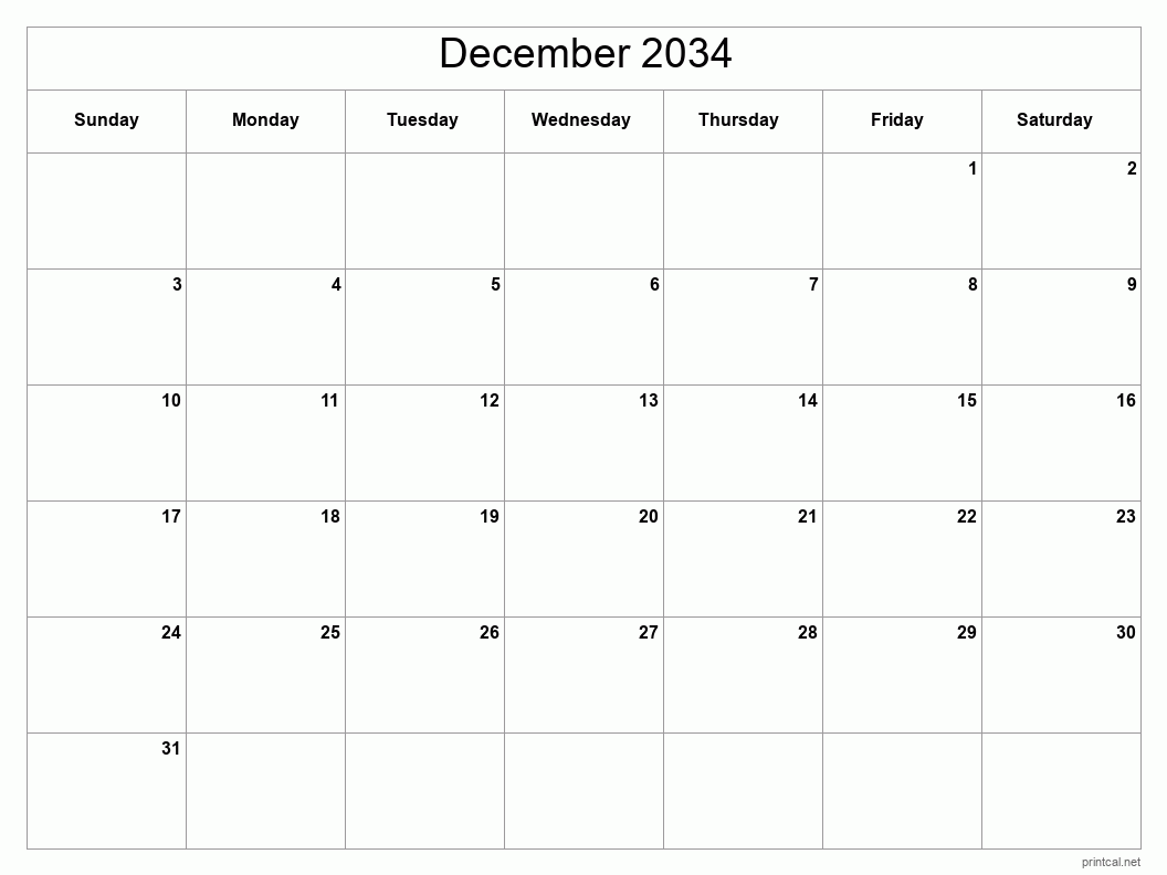 December 2034 Printable Calendar - Classic Blank Sheet