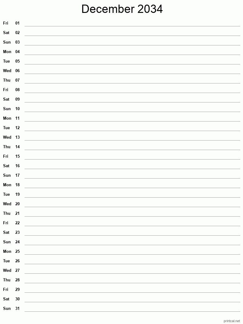 December 2034 Printable Calendar - Single Column Notesheet