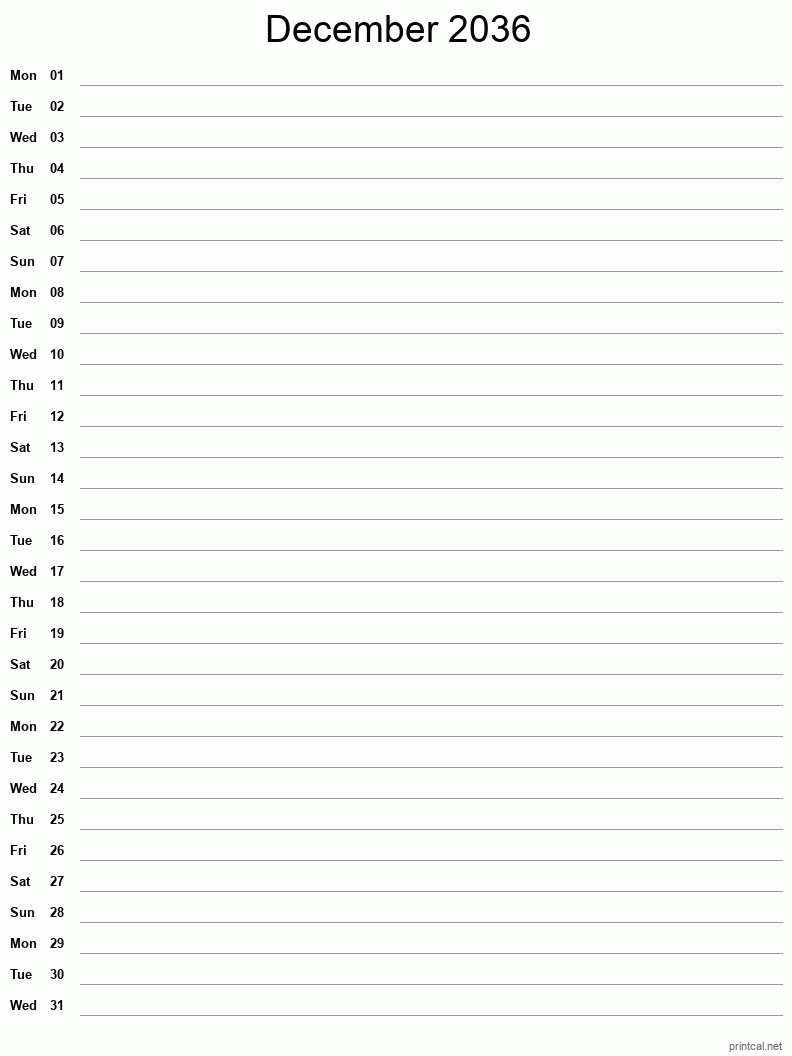 December 2036 Printable Calendar - Single Column Notesheet