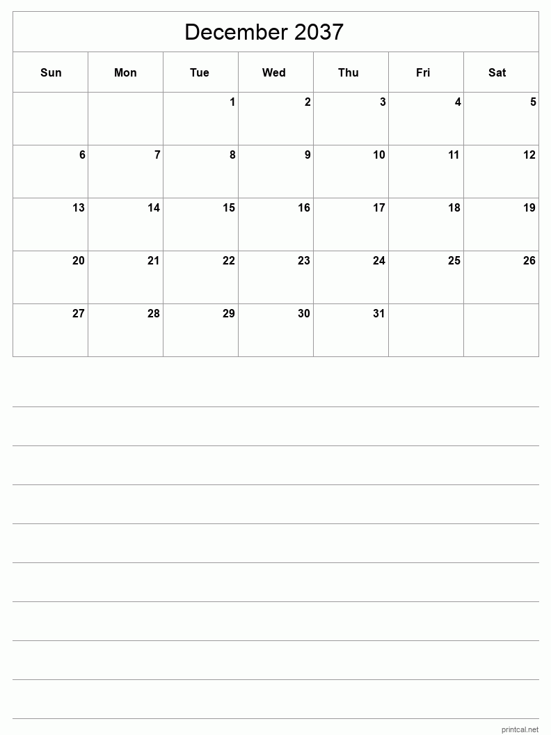 December 2037 Printable Calendar - Half-Page With Notesheet