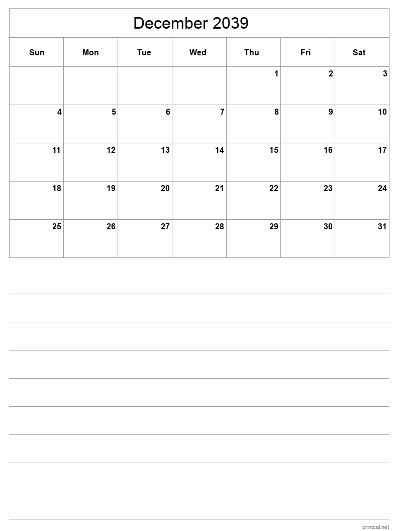 December 2039 Printable Calendar - Half-Page With Notesheet