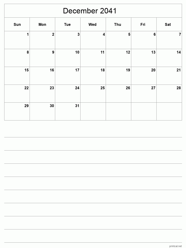 December 2041 Printable Calendar - Half-Page With Notesheet