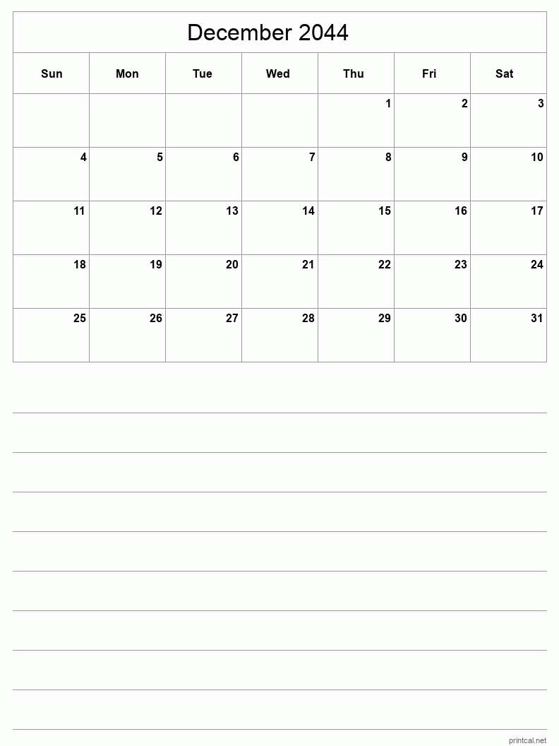 December 2044 Printable Calendar - Half-Page With Notesheet