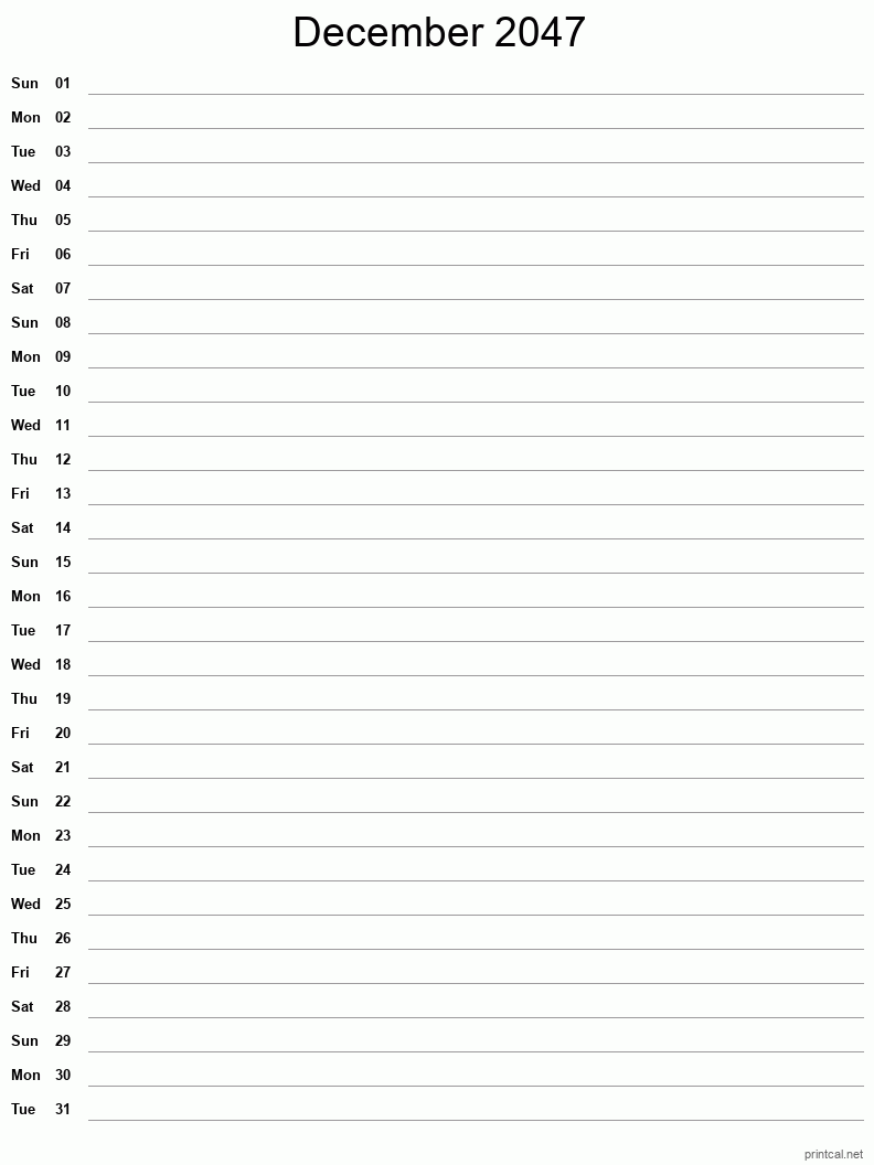 December 2047 Printable Calendar - Single Column Notesheet