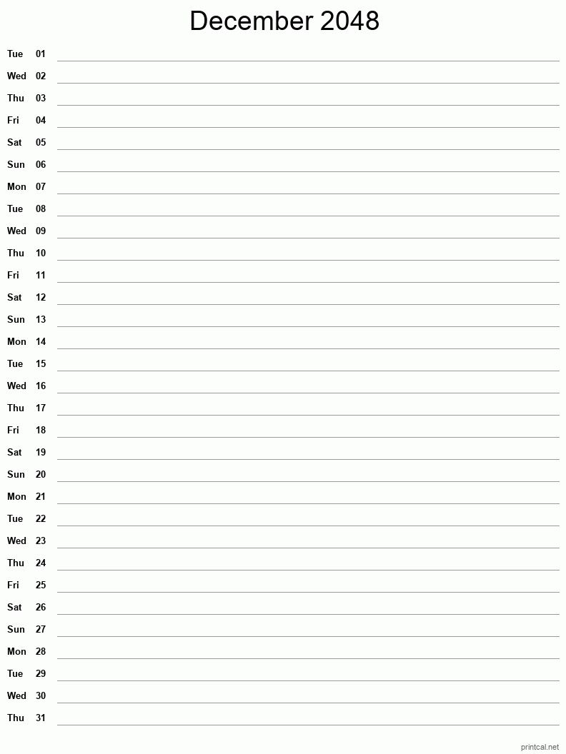 December 2048 Printable Calendar - Single Column Notesheet