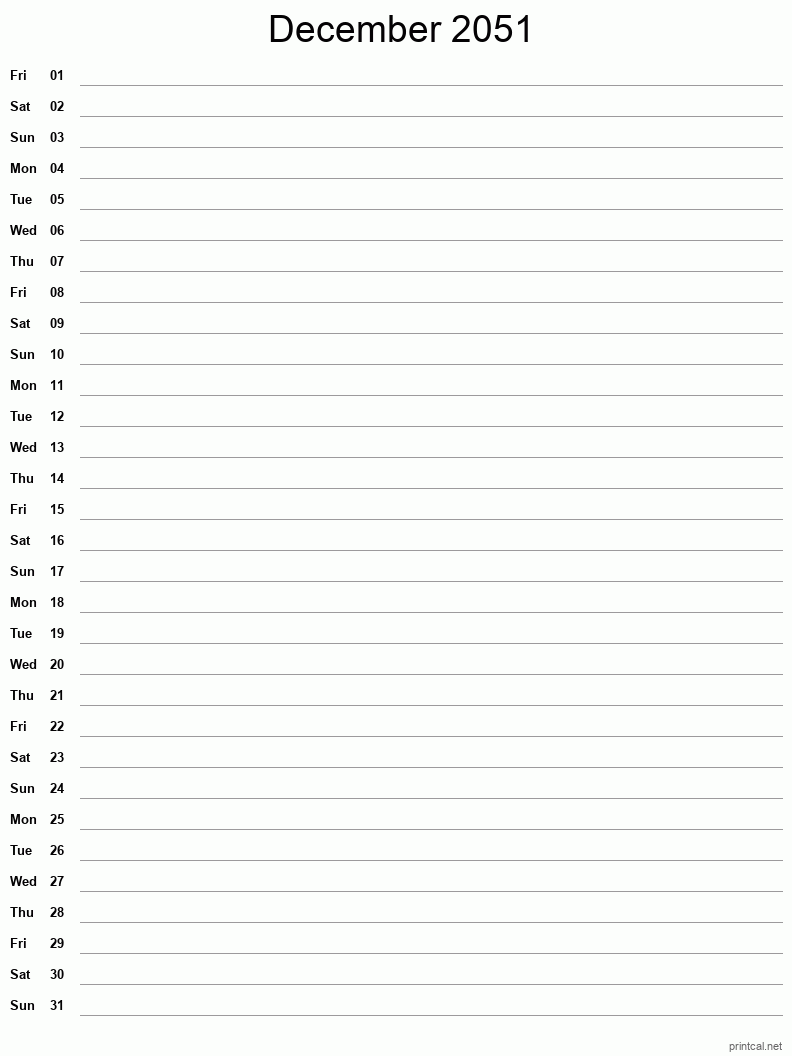 December 2051 Printable Calendar - Single Column Notesheet