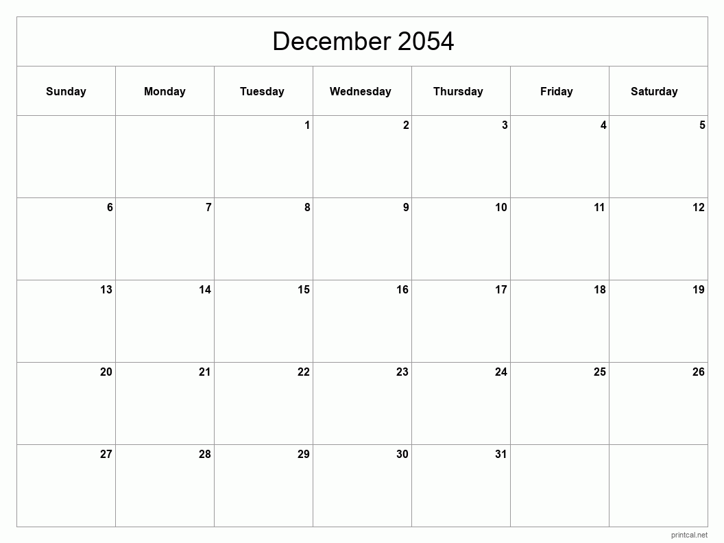 December 2054 Printable Calendar - Classic Blank Sheet