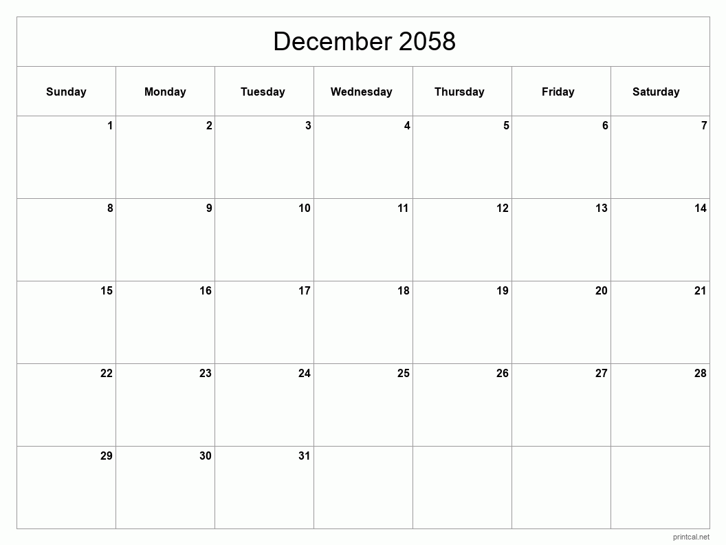 December 2058 Printable Calendar - Classic Blank Sheet