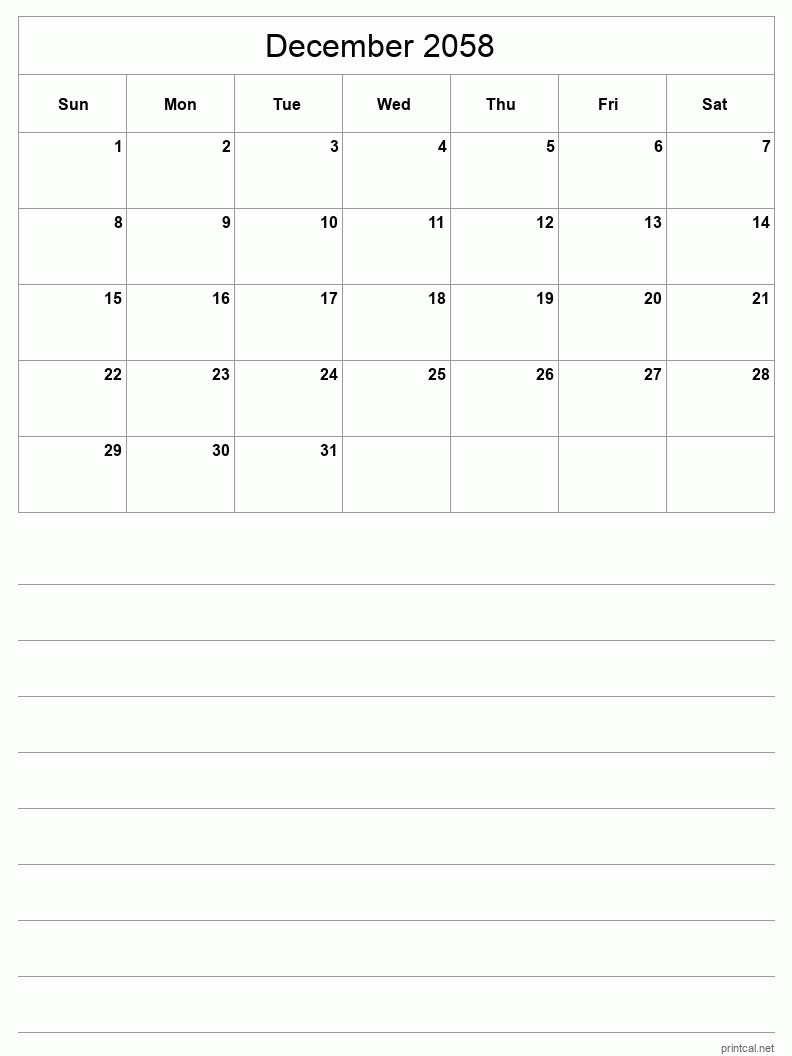 December 2058 Printable Calendar - Half-Page With Notesheet