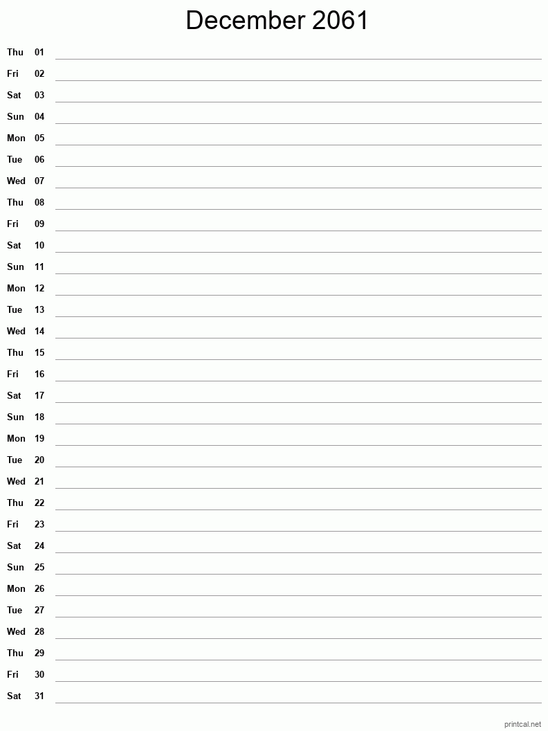 December 2061 Printable Calendar - Single Column Notesheet