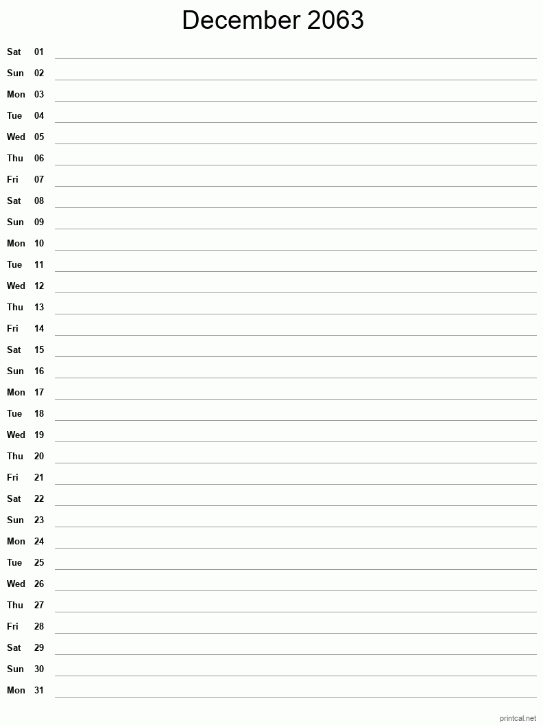 December 2063 Printable Calendar - Single Column Notesheet