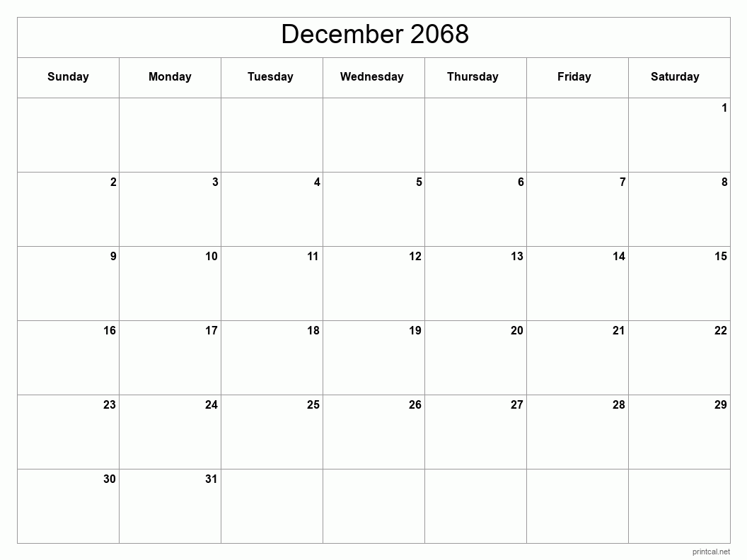 December 2068 Printable Calendar - Classic Blank Sheet