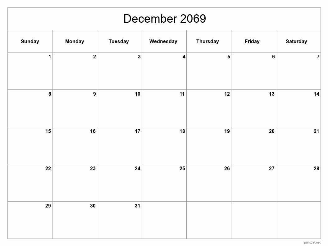 December 2069 Printable Calendar - Classic Blank Sheet