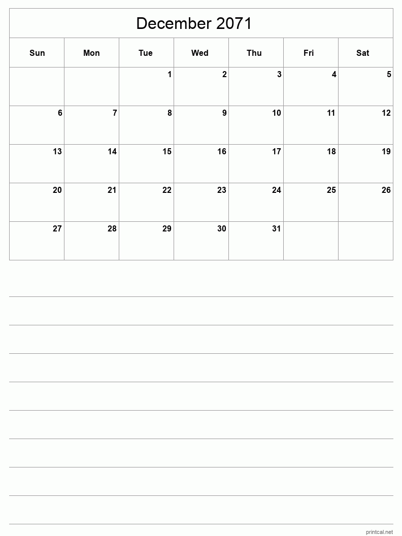 December 2071 Printable Calendar - Half-Page With Notesheet