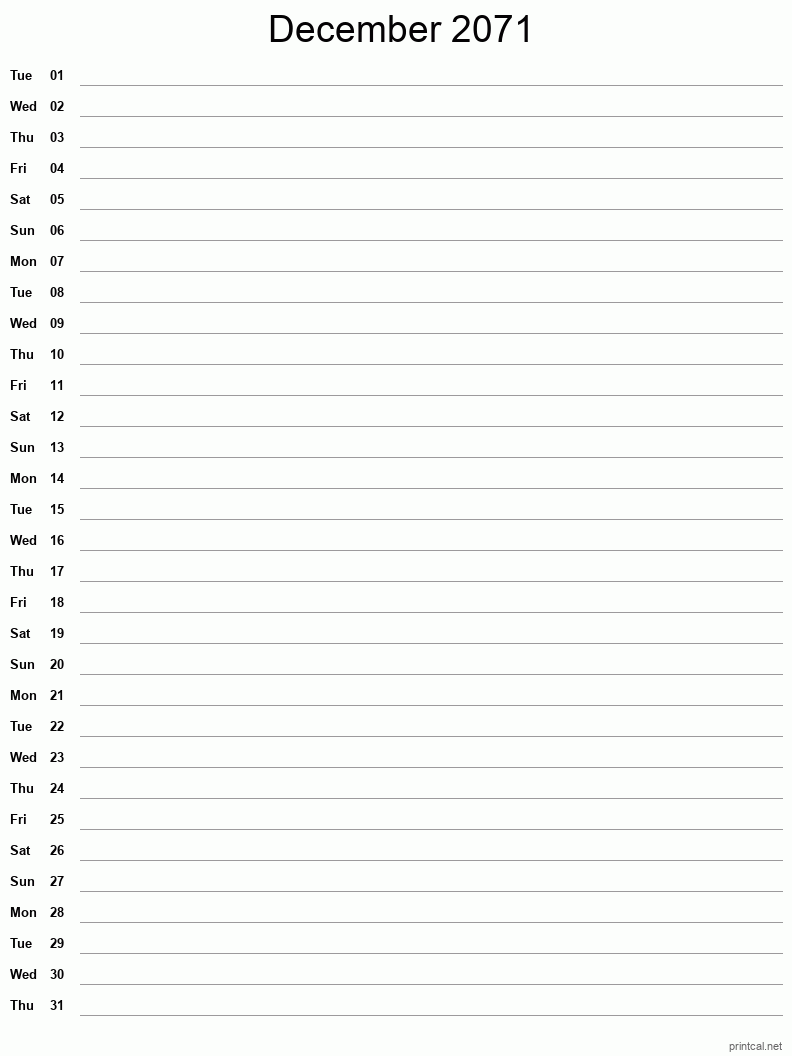 December 2071 Printable Calendar - Single Column Notesheet