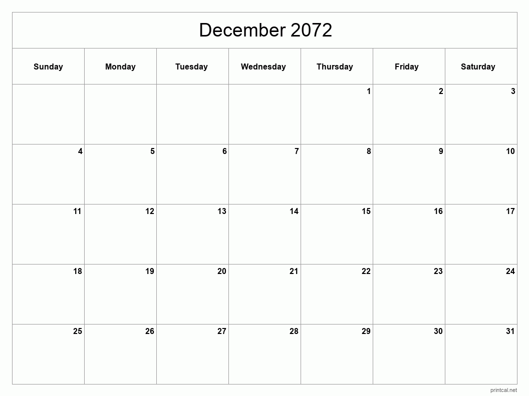 December 2072 Printable Calendar - Classic Blank Sheet