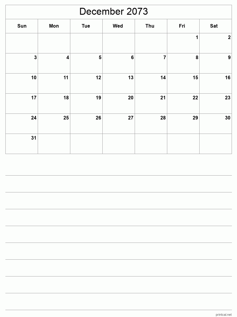 December 2073 Printable Calendar - Half-Page With Notesheet