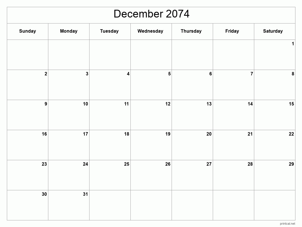 December 2074 Printable Calendar - Classic Blank Sheet