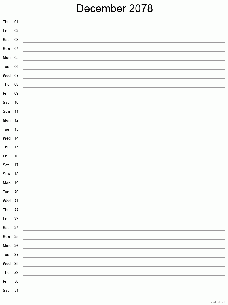 December 2078 Printable Calendar - Single Column Notesheet