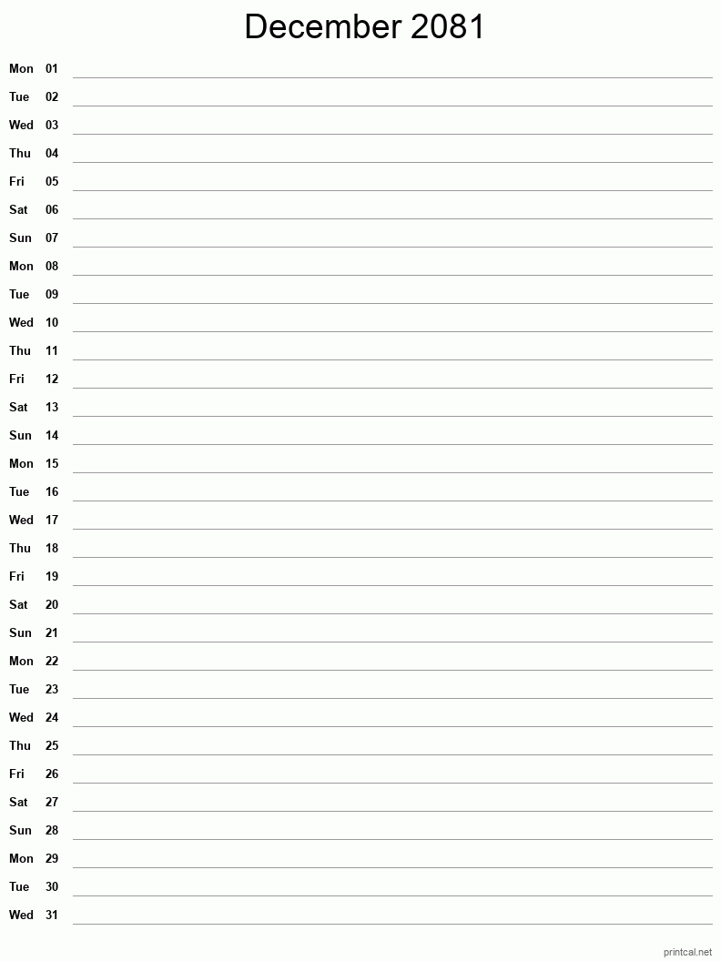 December 2081 Printable Calendar - Single Column Notesheet