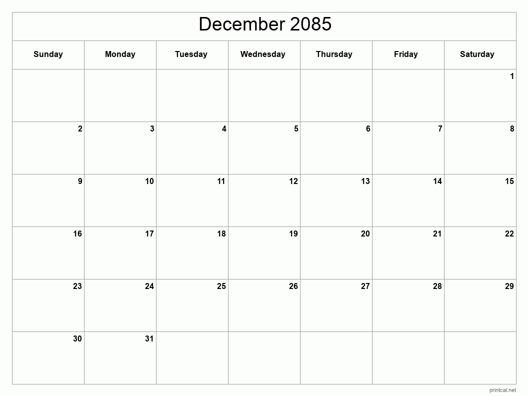 December 2085 Printable Calendar - Classic Blank Sheet